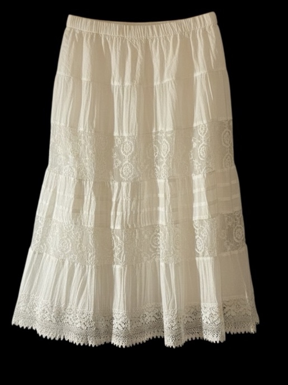 Lace Tiered Midi Skirt in Cream